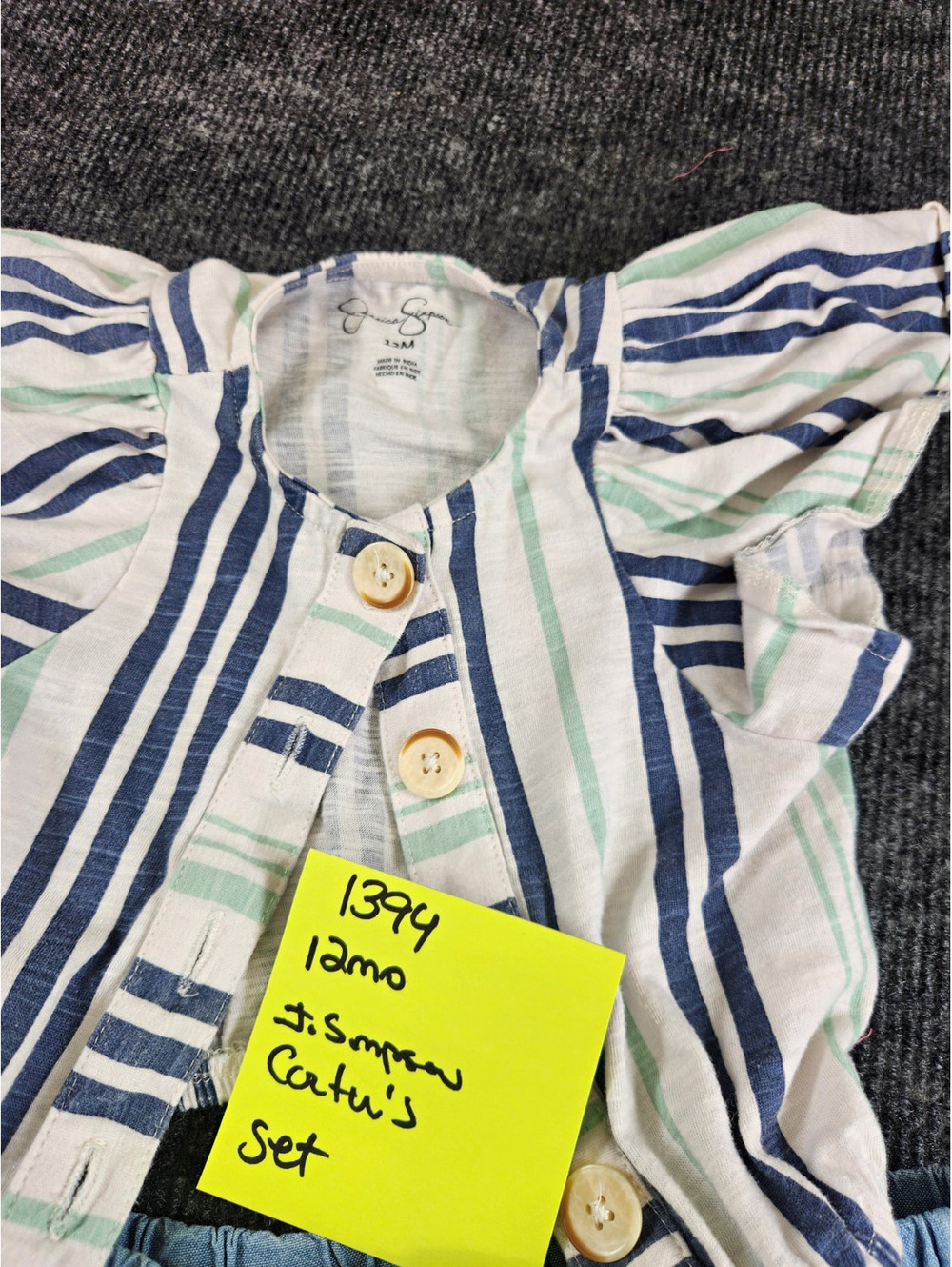 Jessica Simpson Girls 9-12M Blue/White/Green Striped Top & Shorts 2pc Set